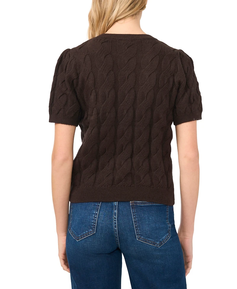 CeCe Women's Cable Puff-Sleeve Crew Neck Sweater