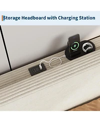 gaomon Bed Frame with Charging Station, Corduroy Upholstered Platform Headboard and Storage Shelf, Solid Wood Slats