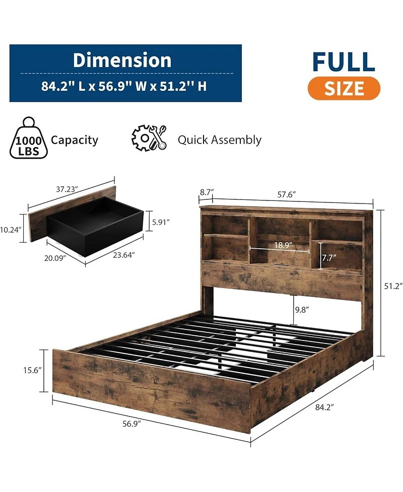 gaomon Bed Frame with High Storage Bookcase Headboard, Wood 4 Drawers, Built Charging Station