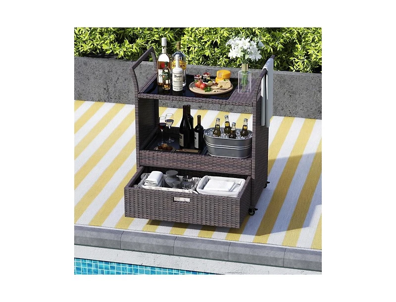 Slickblue Patio Wicker Bar Cart with Durable Tempered Glass Tabletop