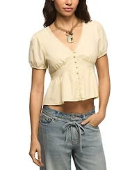 Lucky Brand Women's Drawstring Sleeves Lace Peplum V-Neck Top
