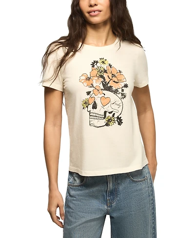 Lucky Brand Women's Floral Skull Printed Classic Fit Crew Neck T-Shirt