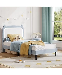 gaomon Twin Size Bed Frame with Cat Headboard, Twin Platform Bed Frame with Grb Led Lights & Strong Wood Slats Support, Noise Free