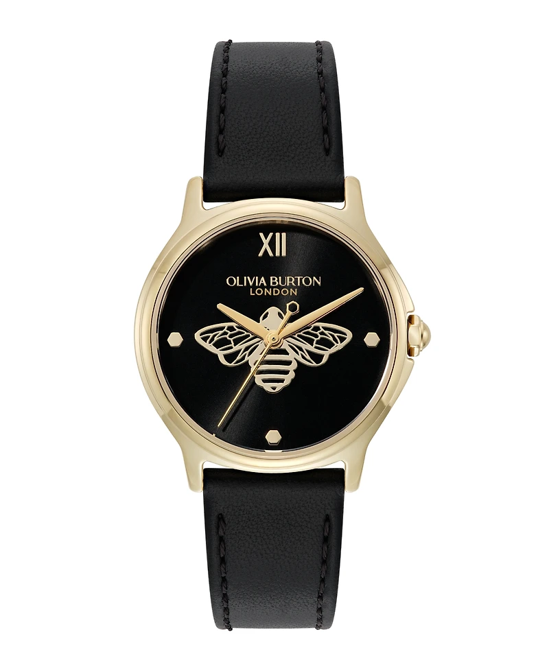Olivia Burton Women's Ob Classic Bee Black Leather Strap Watch, 29.8mm