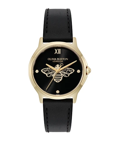Olivia Burton Women's Ob Classic Bee Black Leather Strap Watch, 29.8mm