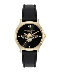 Olivia Burton Women's Ob Classic Bee Black Leather Strap Watch, 29.8mm