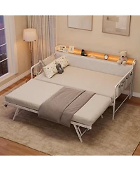 gaomon Daybed with Trundle and Led Light, Twin Size Bed Frame with Upholstered Headboard and Charging Station, Metal Frame Sofa Day Bed for Bedroom