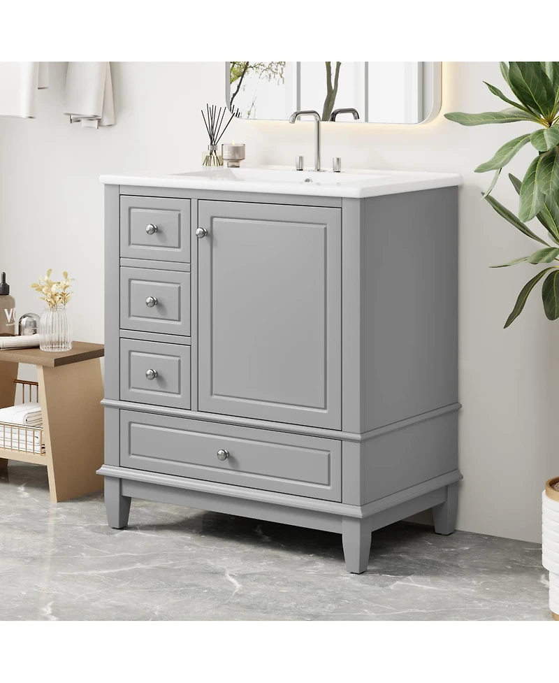 Sillysis 30'' Bathroom Vanity with Ceramic Sink, Solid Wood Frame, Multi-Drawer Storage & Soft Close Door for Modern Bathrooms