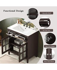 Sillysis Bathroom Vanity with Sink, Modern Solid Wood Cabinet with Textured Glass Doors, Flip-Out Tray & Adjustable Shelf