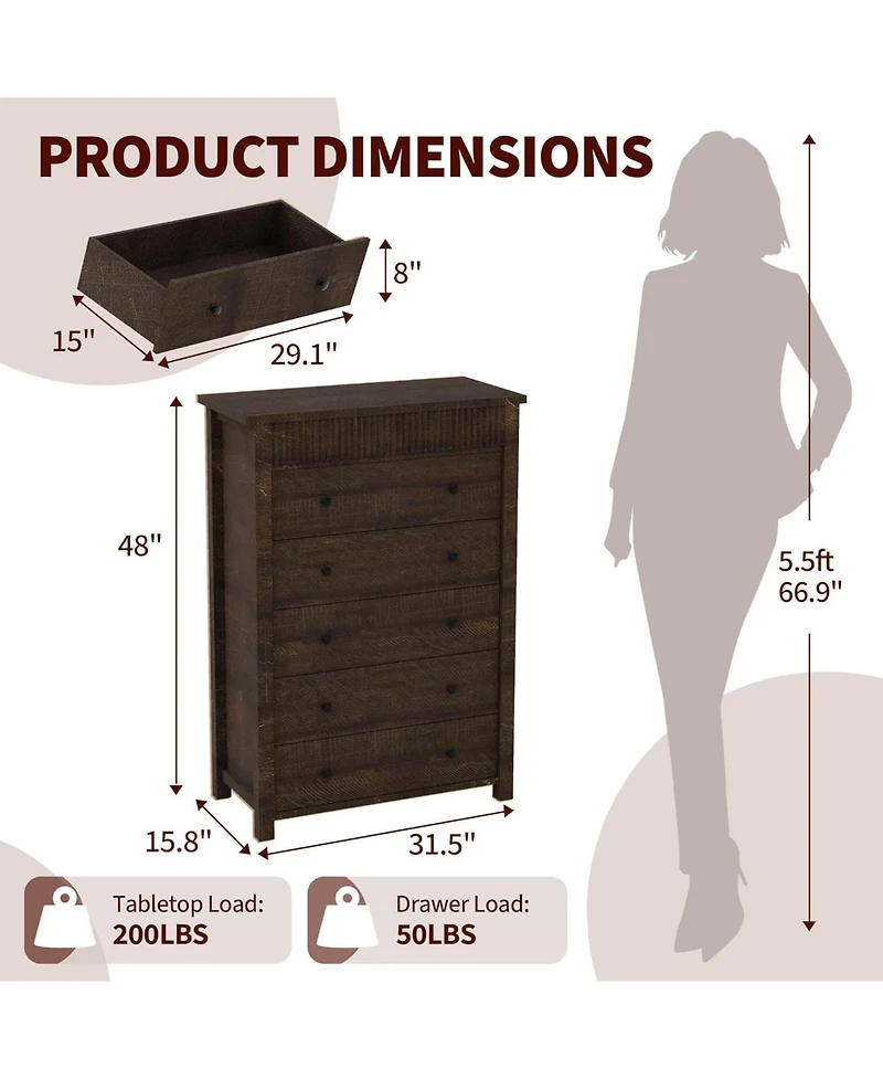 gaomon 5 Drawer Dresser for Bedroom, Wooden Chest of Drawers, Fluted Storage Organizer for Living Room, Hallway and Entryway