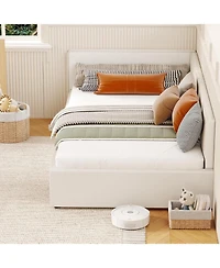 gaomon Twin daybed with headboard, Corner Bed Frame Rails, Velvet Upholstered Sofa Guardrail for Bedroom, Guest Room, Beige