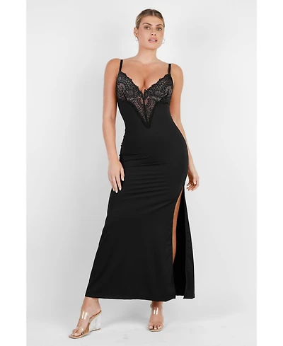 Popilush Women's Shapewear Lace V Neck Side Slit Slimming Maxi Slip Dress