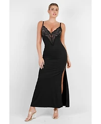 Popilush Women's Shapewear Lace V Neck Side Slit Slimming Maxi Slip Dress