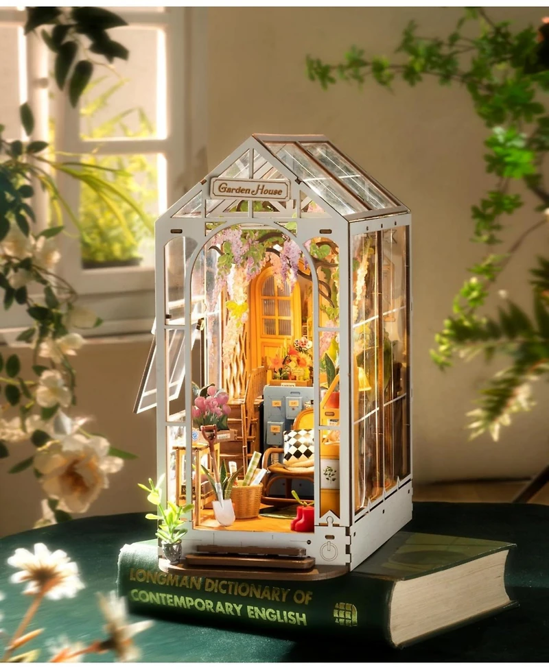 Robitime Book Nook Kit Diy Miniature House Kit, 3D Wooden Puzzle Garden House, Bookend Bookshelf Insert Decor, Diorama Kit Christmas Birthday Gift