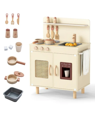 Mecale Wooden Pretend Kitchen Playset with Realistic Ice Maker for Interactive Play