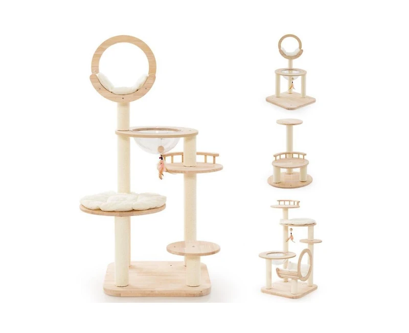 Aostirmotor 4-in-1 Wooden Cat Tower with Space Capsule Nest, Indoor Cat Tree for Climbing & Lounging