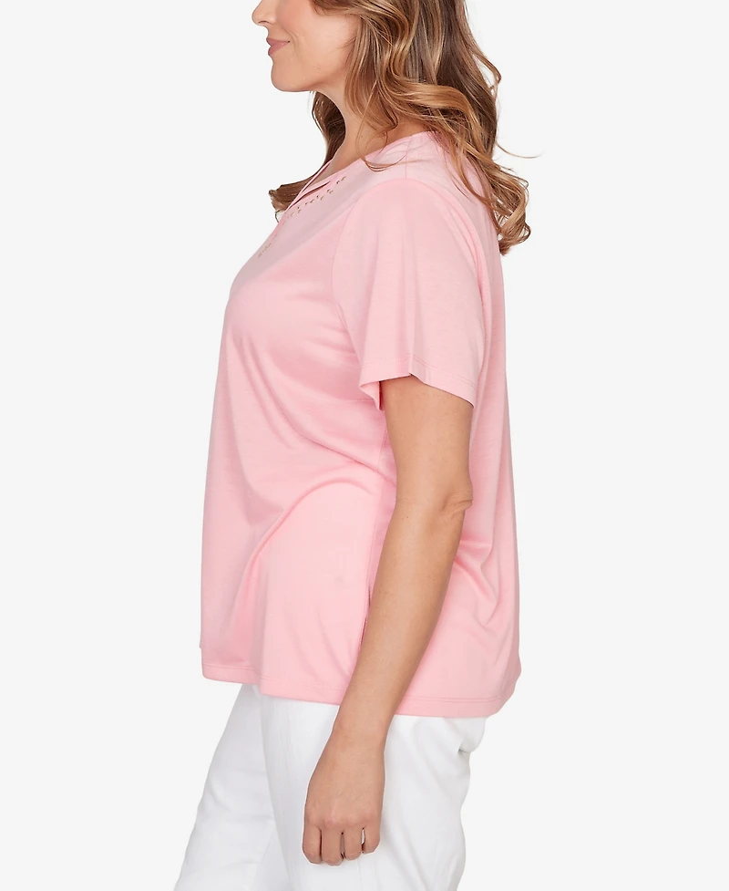 Hearts Of Palm Plus Solid Short-Sleeve Top with Keyhole Neckline