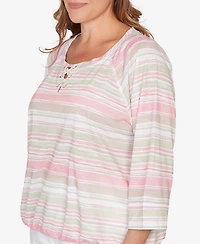 Hearts Of Palm Plus Printed Slub Blouson with Lace Up Neck