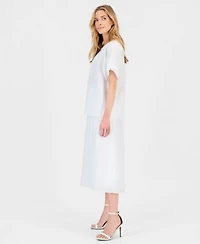 Anne Klein Womens Pleat Neck Blouse Pull On A Line Midi Skirt