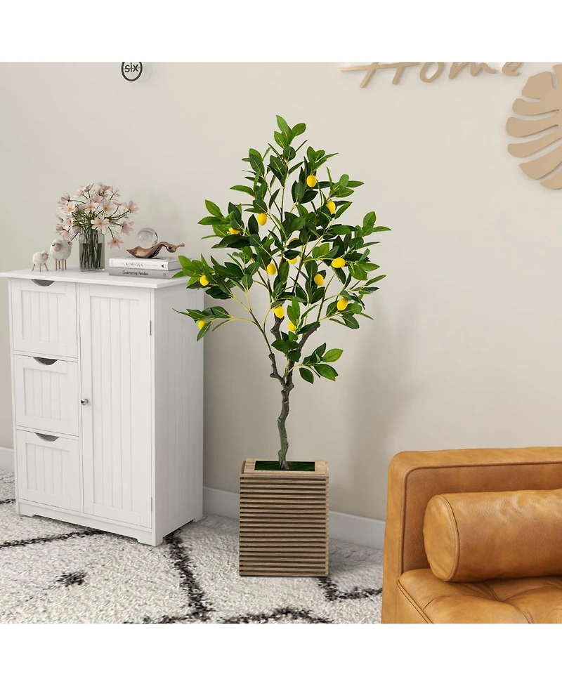 Costway 2 Pieces 4 Feet Tall Artificial Lemon Tree with Lemon Fruits, Cement Pot