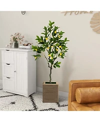 Costway 2 Pieces 4 Feet Tall Artificial Lemon Tree with Lemon Fruits, Cement Pot