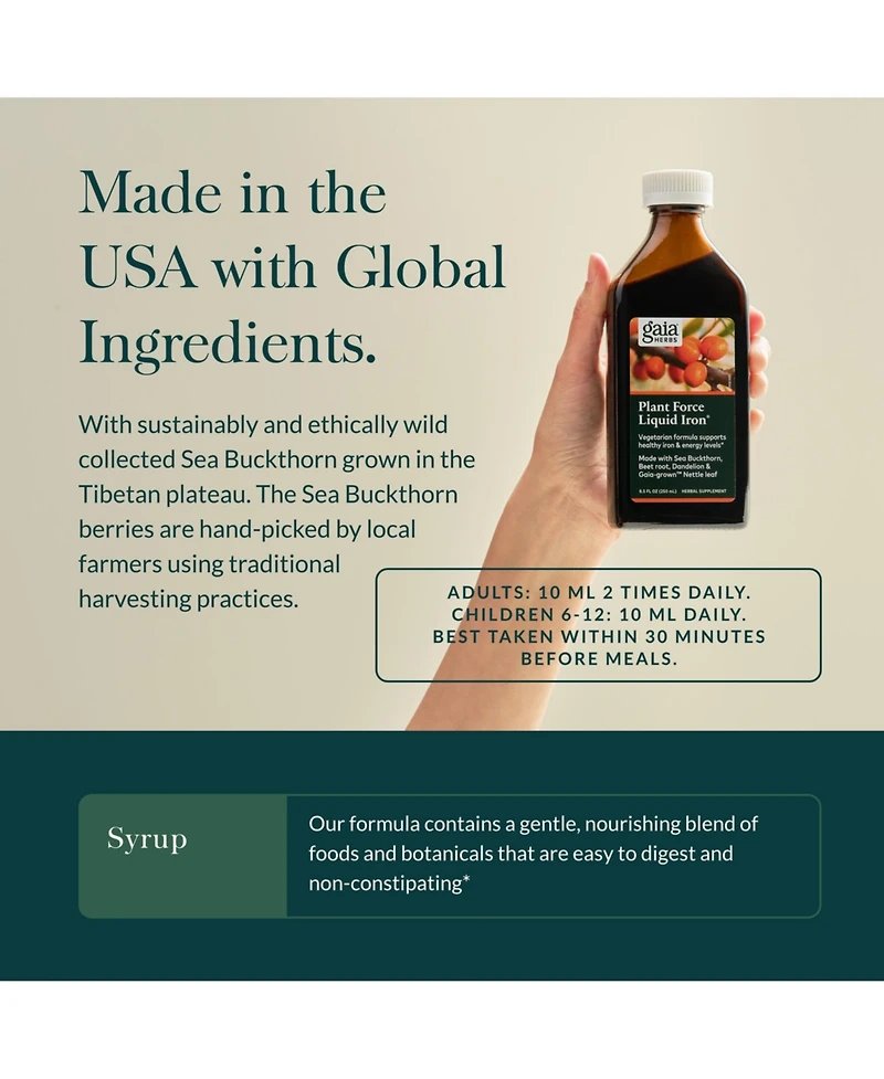 Gaia Herbs Plant Force Liquid Iron - Vegetarian Iron Supplement to Help Maintain Healthy Iron & Energy Levels