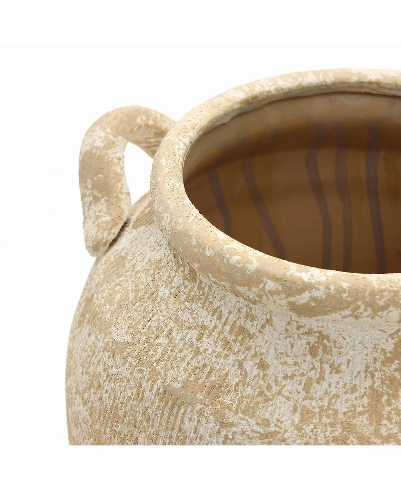 LuxenHome Vintage Pottery Off-White with Brown 15.75-Inch Tall Round Ceramic Vase