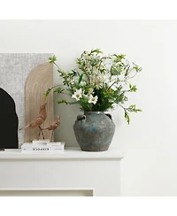 LuxenHome Antiqued Blue & Brown Terracotta Vase with Handles, 11" Round Farmhouse Vintage Pottery