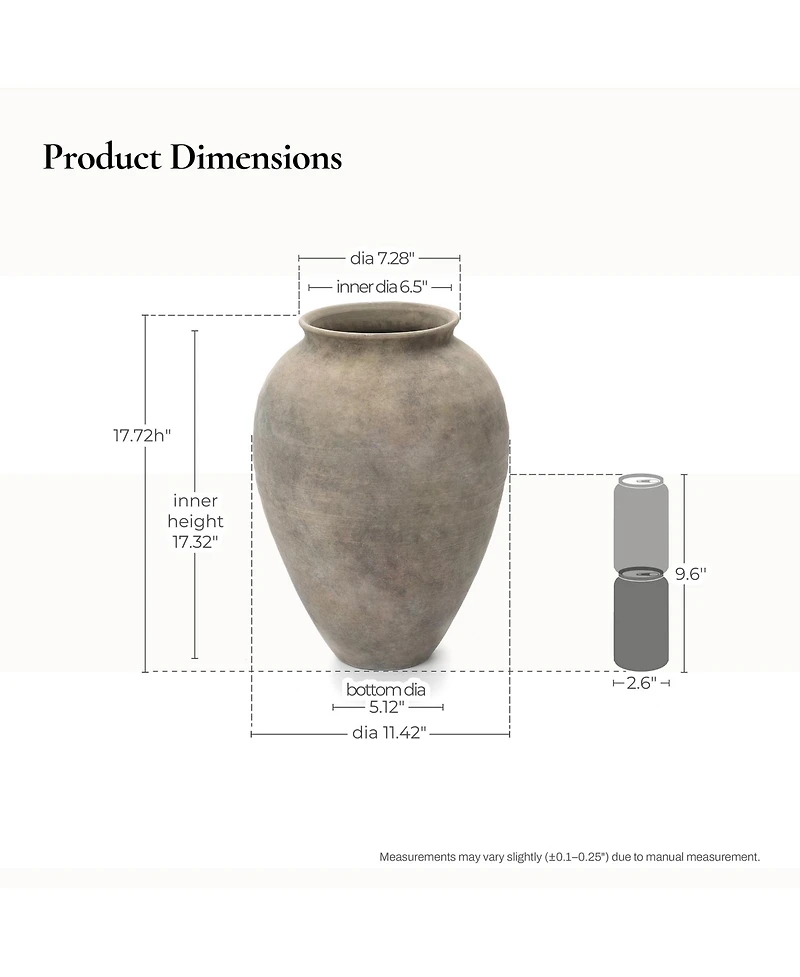 LuxenHome Rustic Ceramic Vase, 17.7" Tall Terracotta Pot with Earthy Gray-Brown Finish, Handcrafted