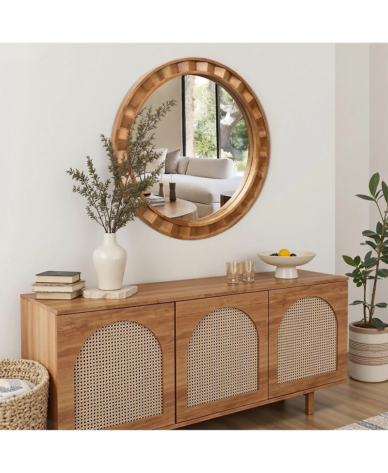 LuxenHome Natural Wood Frame Round Wall Mirror, 28” Rustic Wooden Decor