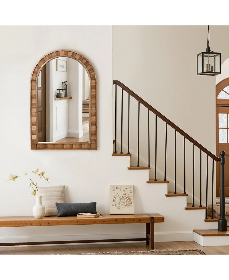 LuxenHome Natural Wood Frame Arch Rectangle Wall Mirror, 35.4” Tall Rustic Home Decor
