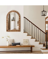 LuxenHome Natural Wood Frame Arch Rectangle Wall Mirror, 35.4” Tall Rustic Home Decor