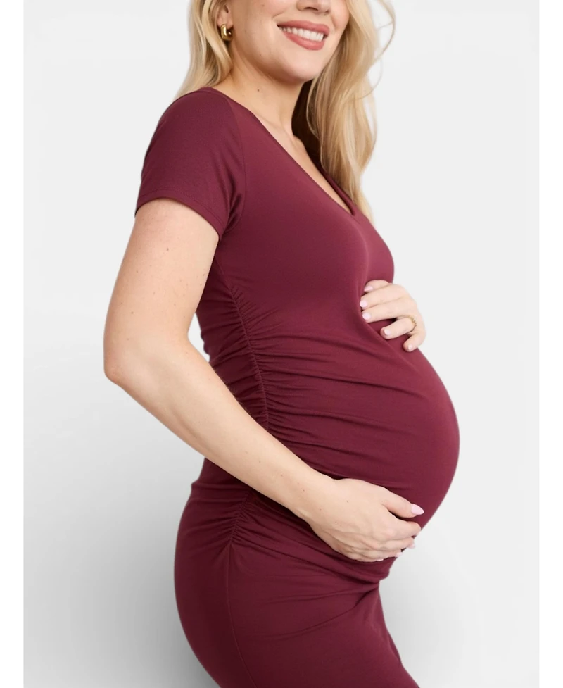 Motherhood Maternity Women's V-Neck Short Sleeve Side Ruched Bodycon Mini Dress