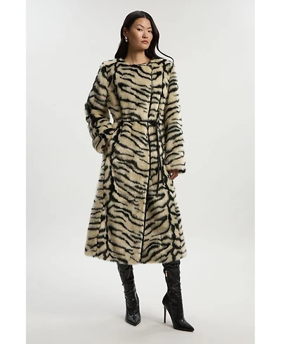 Karen Millen Women's Faux Fur Collarless Tie Belted Midi Coat