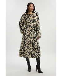 Karen Millen Women's Faux Fur Collarless Tie Belted Midi Coat