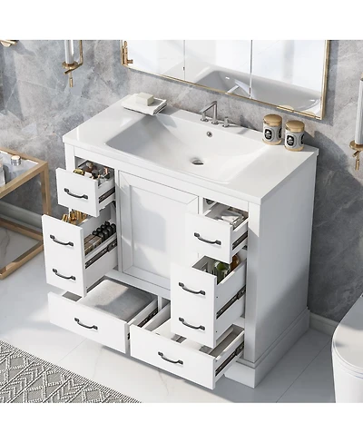 Sillysis 36" Bathroom Vanity with Sink, Solid Wood Cabinet, 6 Drawers & Adjustable Shelf for Modern Storage