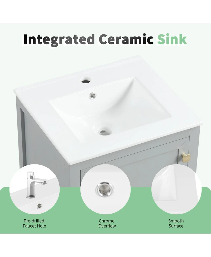 Sillysis 20" Bathroom Vanity with Ceramic Sink, Modern Freestanding Mdf Cabinet, Storage Rack Drawer Soft Close for Small Spaces
