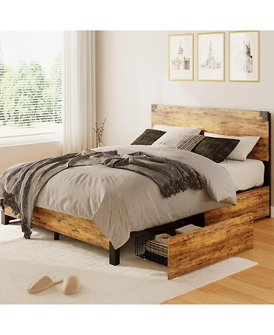 gaomon Bed Frame with 4 Storage Drawers, Metal Platform Bed Frame with Wooden Headboard and Footboard, Noise-Free, Easy Assembly