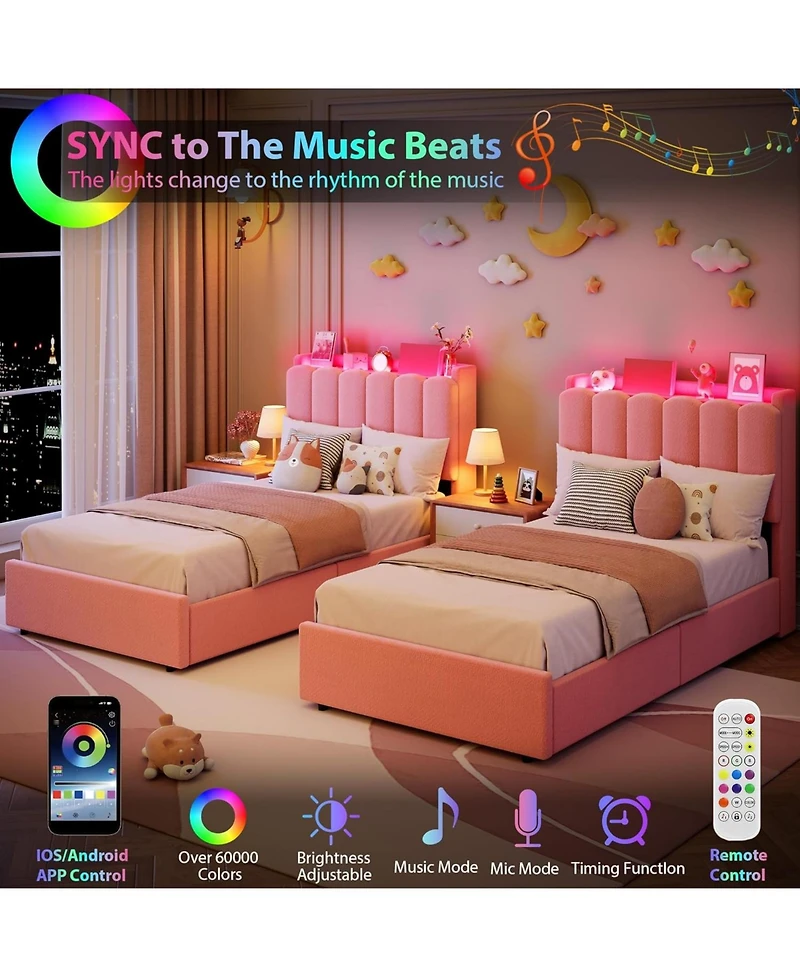 gaomon Led Bed Frame with Storage Headboard, Kids Bed Frame with 2 Drawers, Boucle Upholstered Platform Bed for Girls