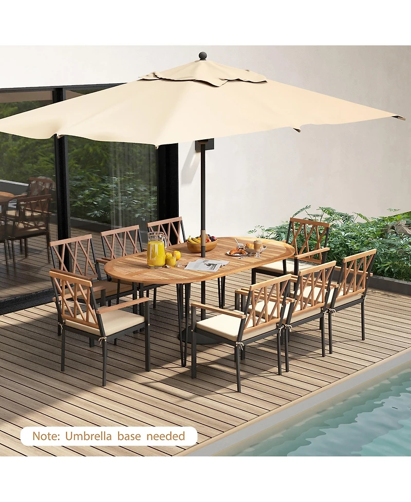 Gymax 9 Pcs Patio Dining Set Table w/ Acacia Wood Top & Umbrella Hole Metal Frame
