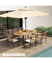 Gymax 9 Pcs Patio Dining Set Table w/ Acacia Wood Top & Umbrella Hole Metal Frame