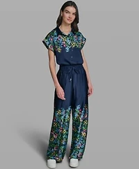 Karl Lagerfeld Paris Womens Short Sleeve Floral Printed Camp Shirt Mid Rise Floral Printed Pants