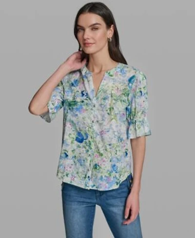 Karl Lagerfeld Paris Womens Short Sleeve V Neck Printed Shirt