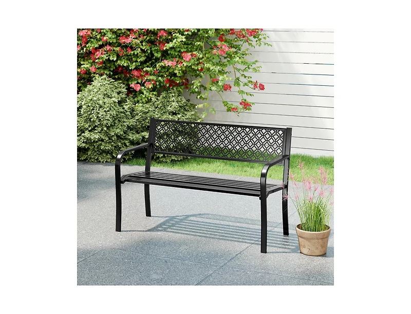 Slickblue Outdoor 50 Inch Patio Bench with Geometric Lattice Backrest