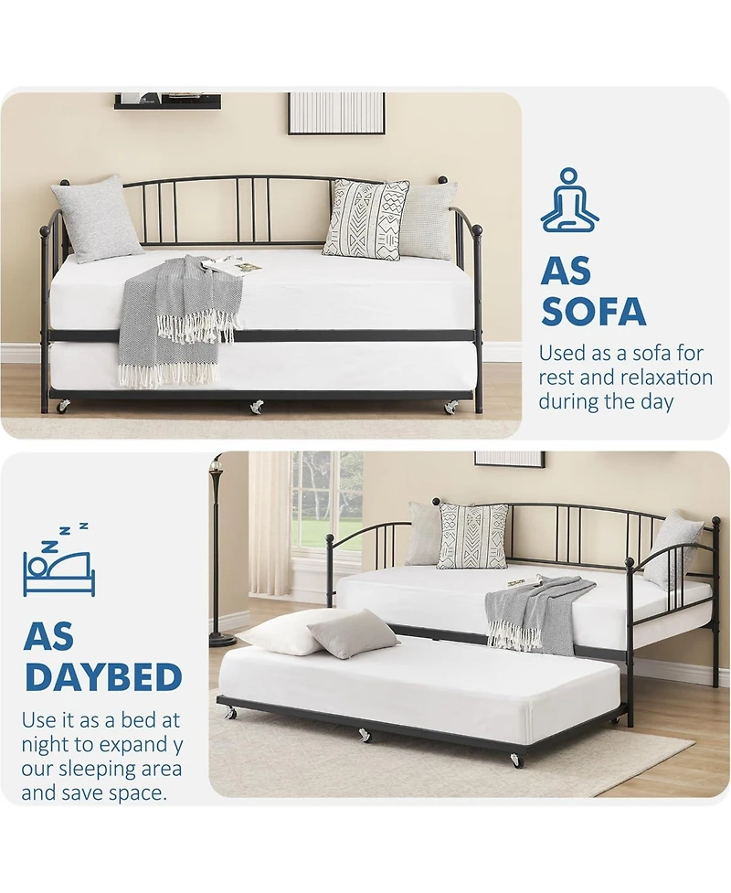 gaomon Daybed with Trundle, Metal Twin Size Daybed with Pullout Trundle 6 Casters, Steel Slat Support Sofa Bed for Living Room, Bedroom
