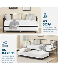 gaomon Daybed with Trundle, Metal Twin Size Daybed with Pullout Trundle 6 Casters, Steel Slat Support Sofa Bed for Living Room, Bedroom