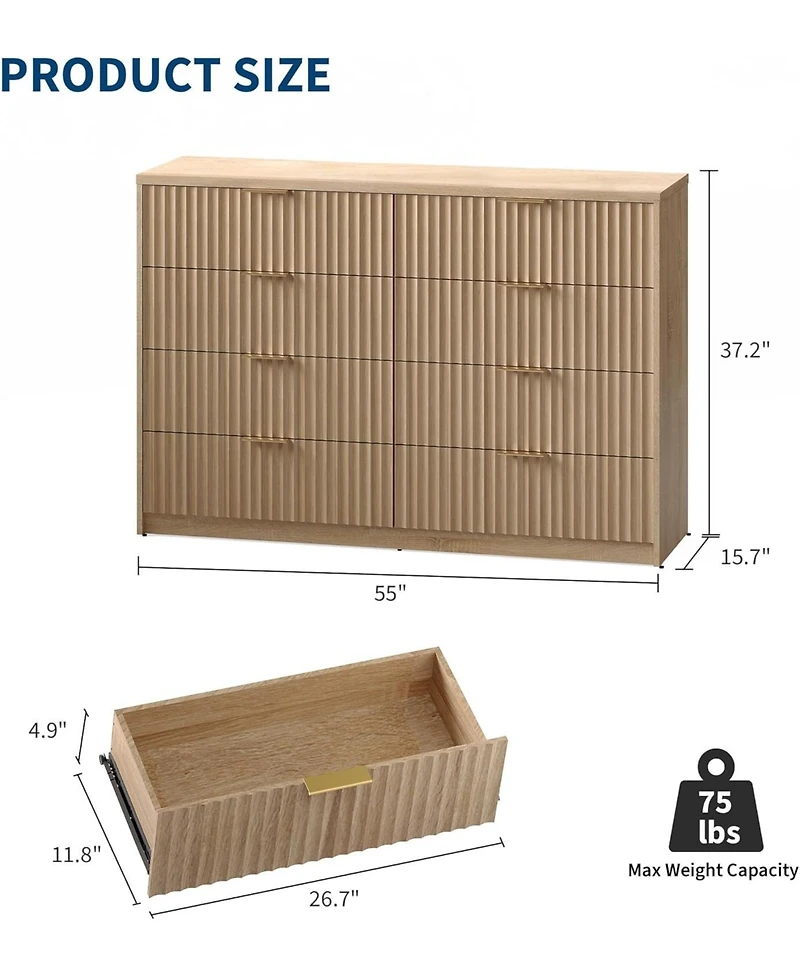 gaomon 8 Drawer Fluted Wood Dresser, Large Storage Chest for Bedroom, Living Room, Home Office