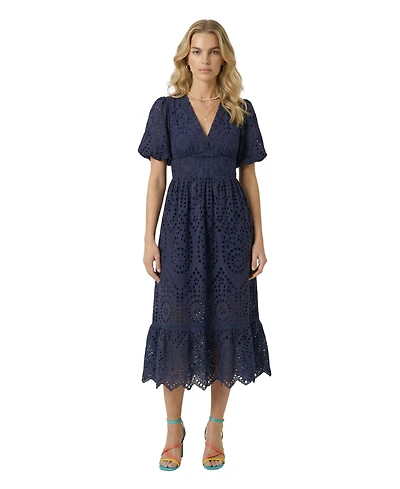 Modenaire Women's Puff-Sleeve Eyelet Smocked-Waist Midi Dress