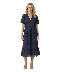 Modenaire Women's Puff-Sleeve Eyelet Smocked-Waist Midi Dress
