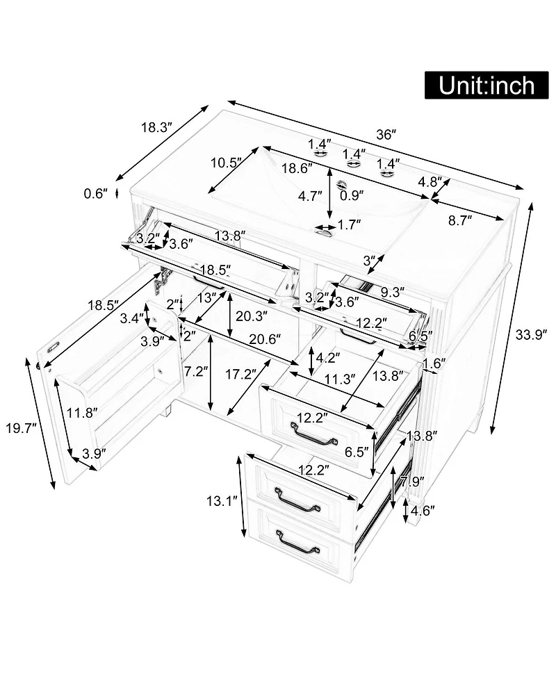 Sillysis 36" Freestanding Bathroom Vanity with Ceramic Sink, Flip Drawers & Adjustable Shelf, Modern Storage Cabinet for Main Bathrooms